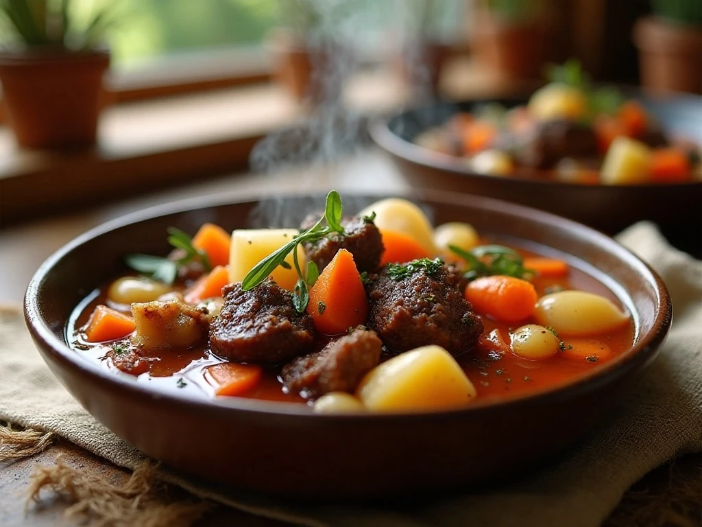 Hearty crockpot venison stew in a rustic bowl