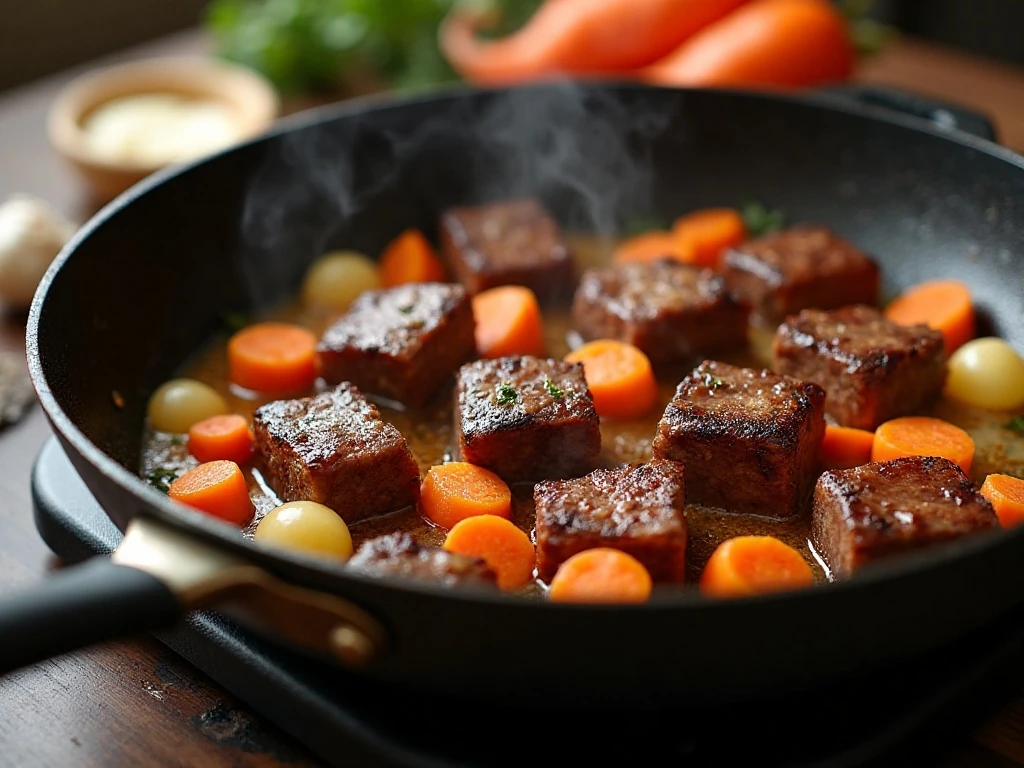Browning venison before making slow cooker stew