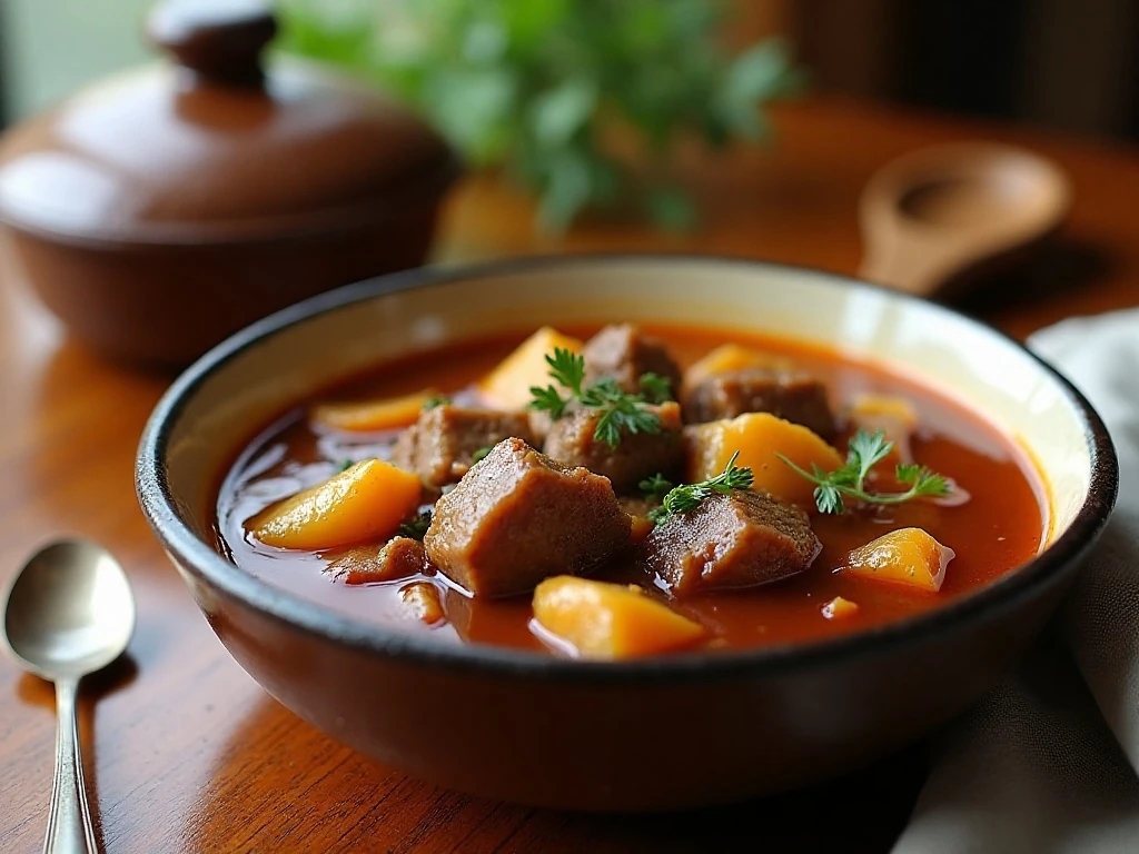Close-up serving of leftover venison stew with herbs