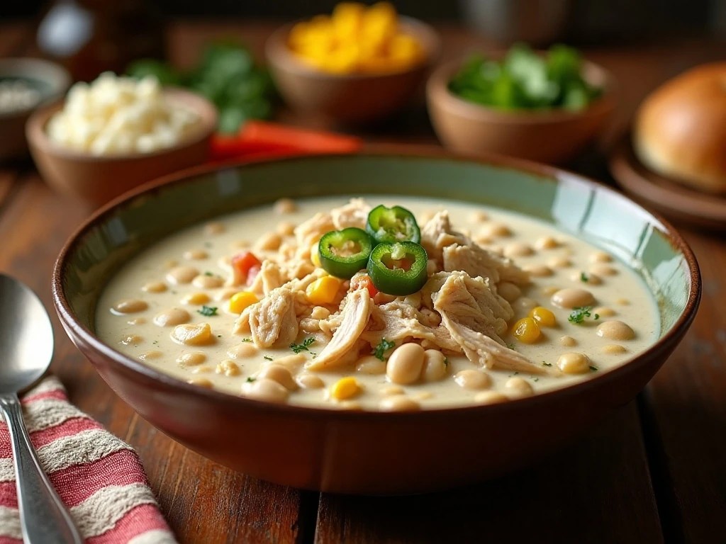 Creamy crockpot white chicken chili served in a bowl