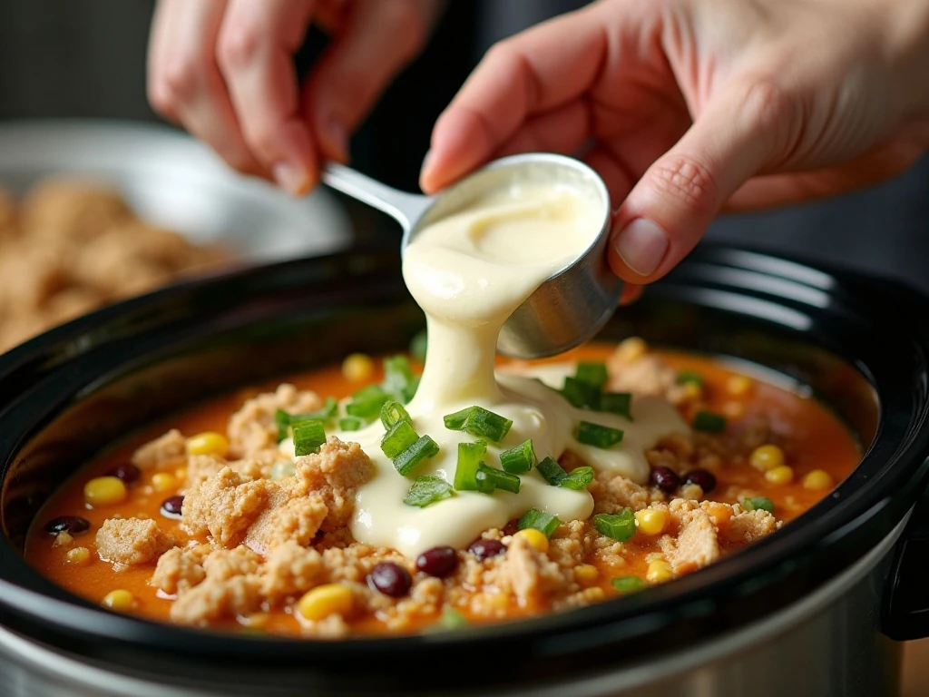 Stirring cream cheese into slow cooker white chicken chili