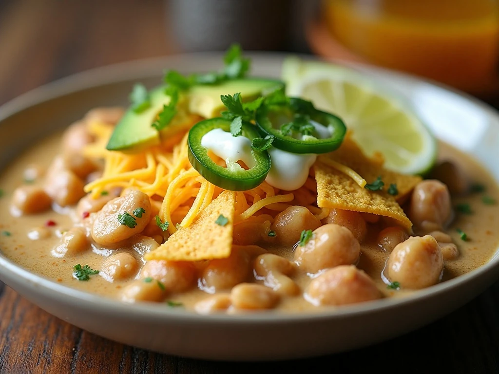 White chicken chili with cheese avocado cilantro and tortilla strips