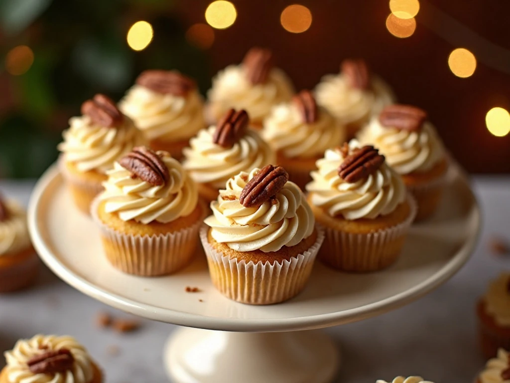 Crown Royal butter pecan cupcakes arranged on a dessert stand