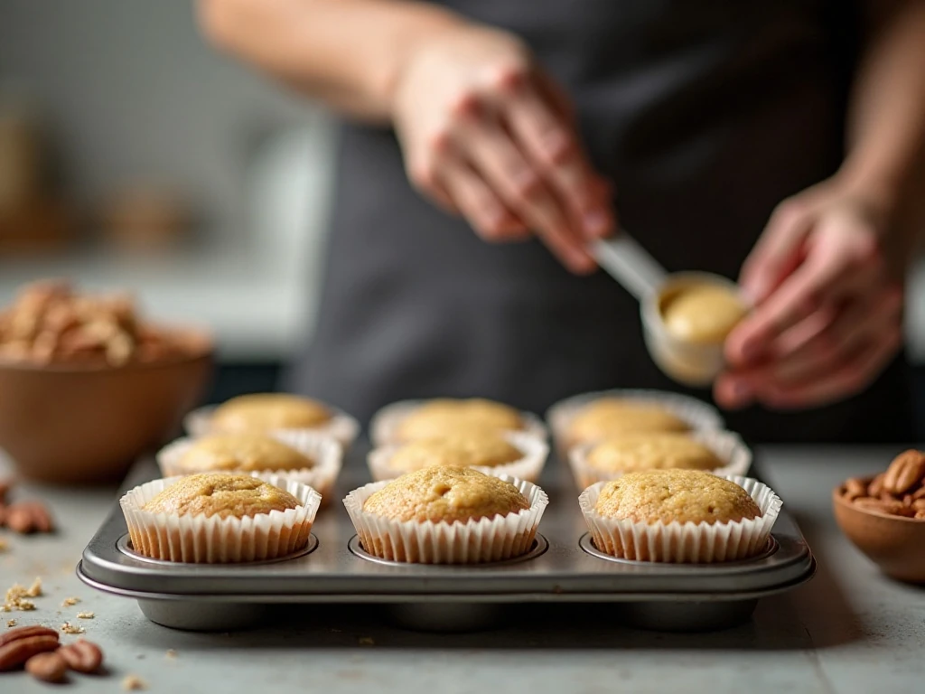 Butter pecan cupcake batter portioned into lined muffin cups