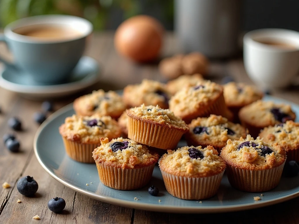 Golden crumb-topped blueberry muffins arranged for breakfast