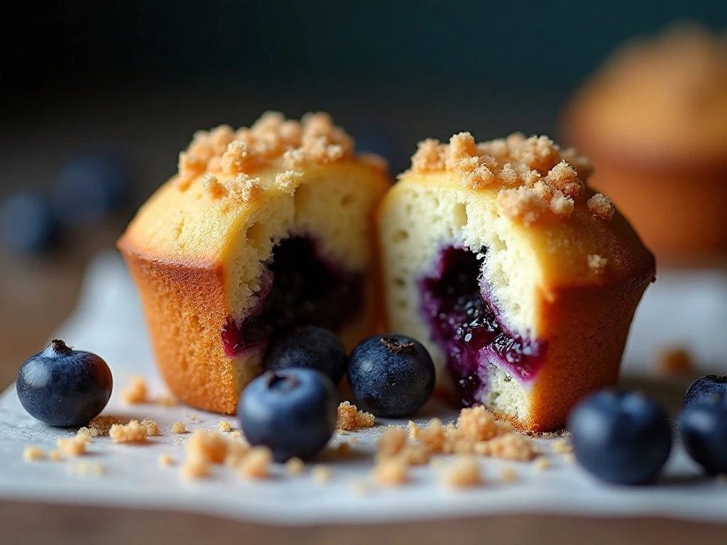 Close-up of tender blueberry muffin crumb and crisp topping