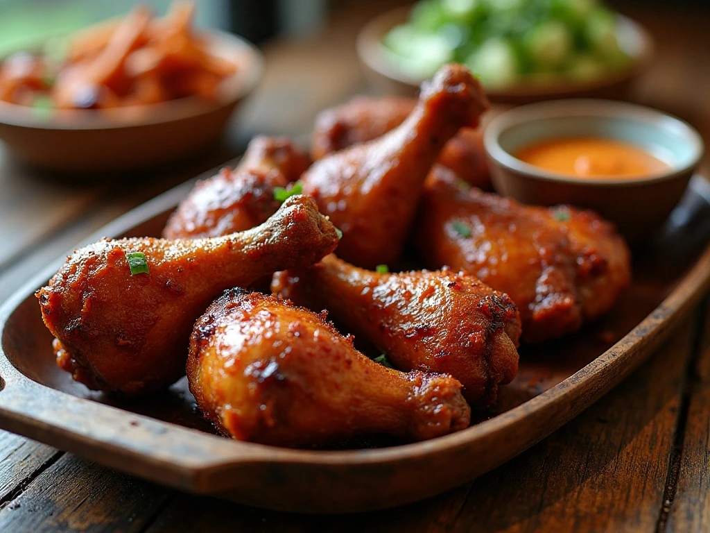 Crispy baked BBQ chicken drumsticks arranged on a platter