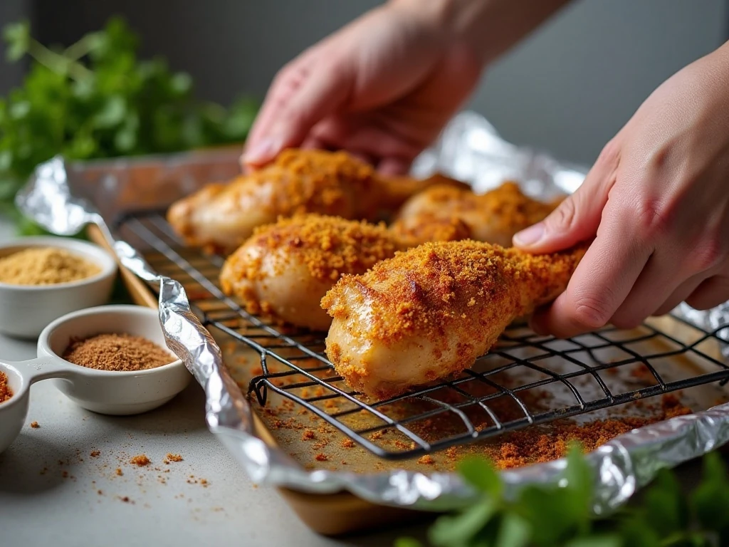 Seasoned chicken drumsticks arranged on a wire rack before baking