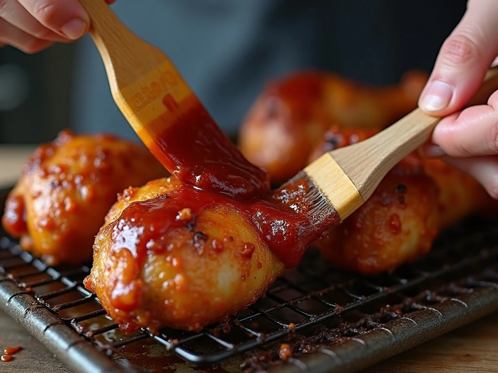 BBQ sauce being brushed onto baked chicken drumsticks