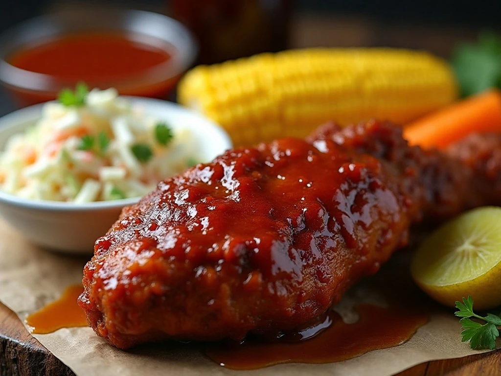 BBQ chicken drumstick served with coleslaw, corn, pickles, and sauce