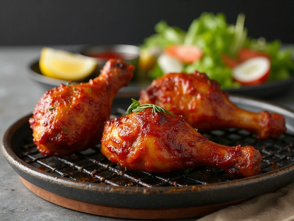 Reheated baked BBQ chicken drumsticks ready to serve