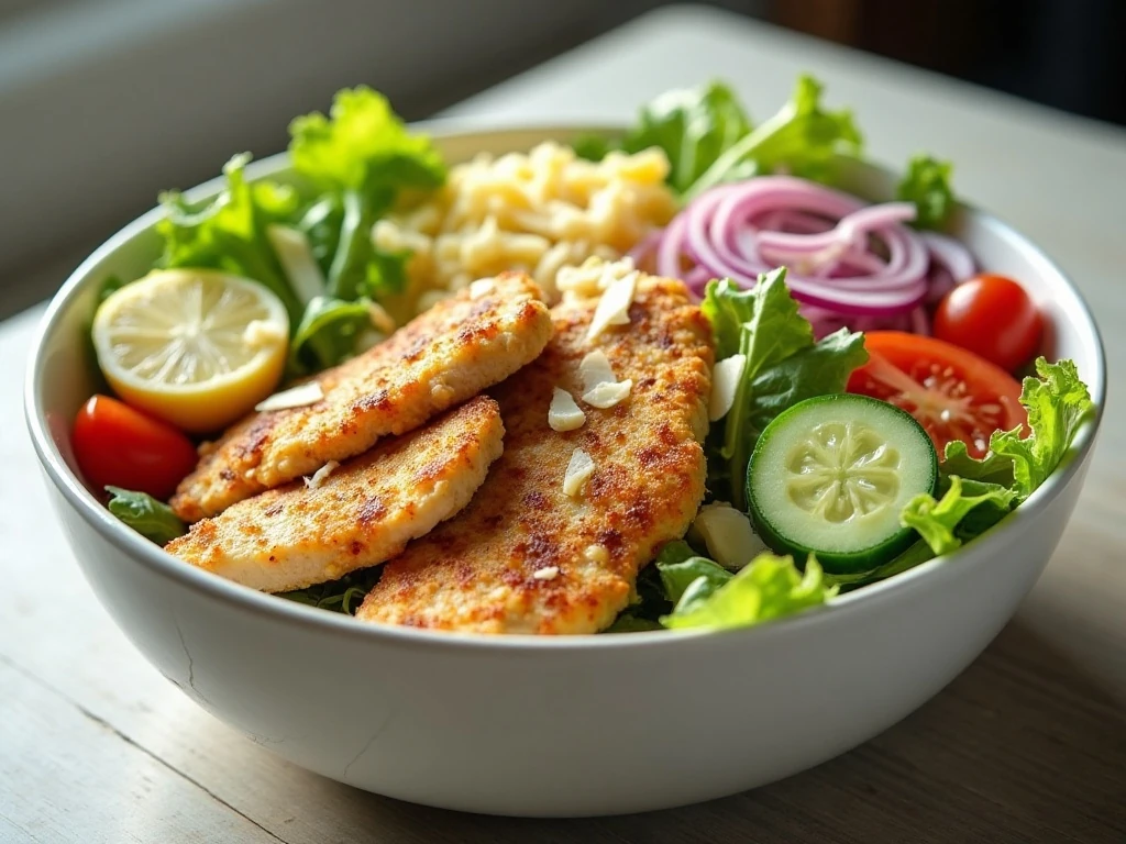 Crunchy Parmesan chicken salad with crispy chicken strips and fresh vegetables