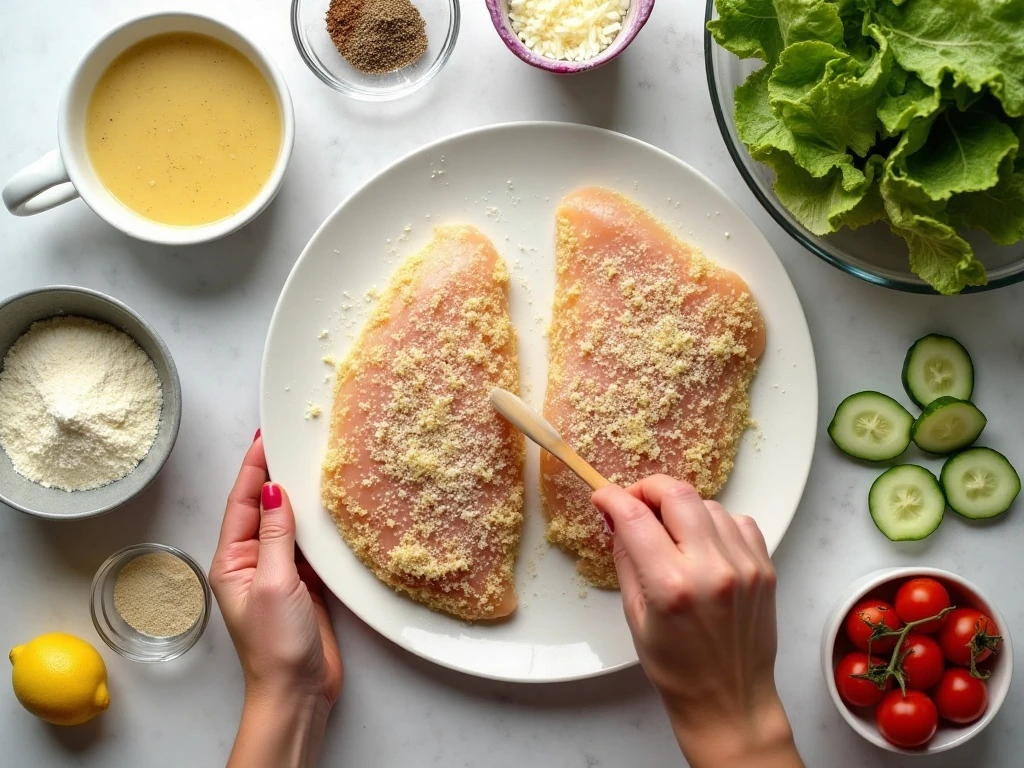 Ingredients for Parmesan chicken salad arranged in a flat lay