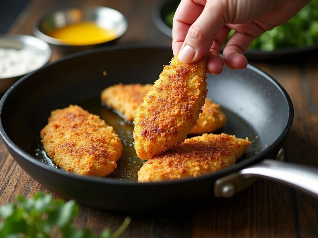 Parmesan-panko chicken cooking in a skillet