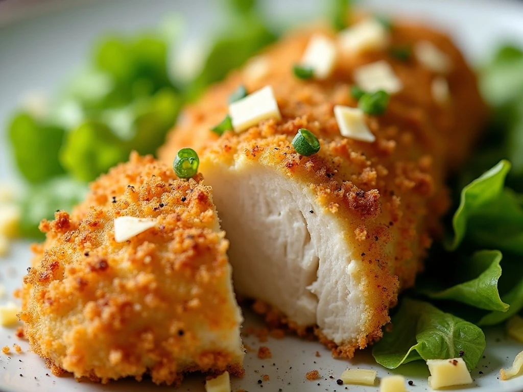 Close-up of crunchy Parmesan panko coating on chicken salad