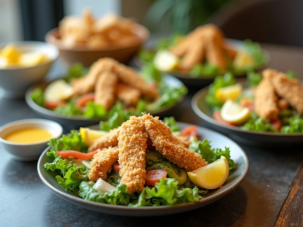Four servings of crunchy Parmesan chicken salad ready to serve