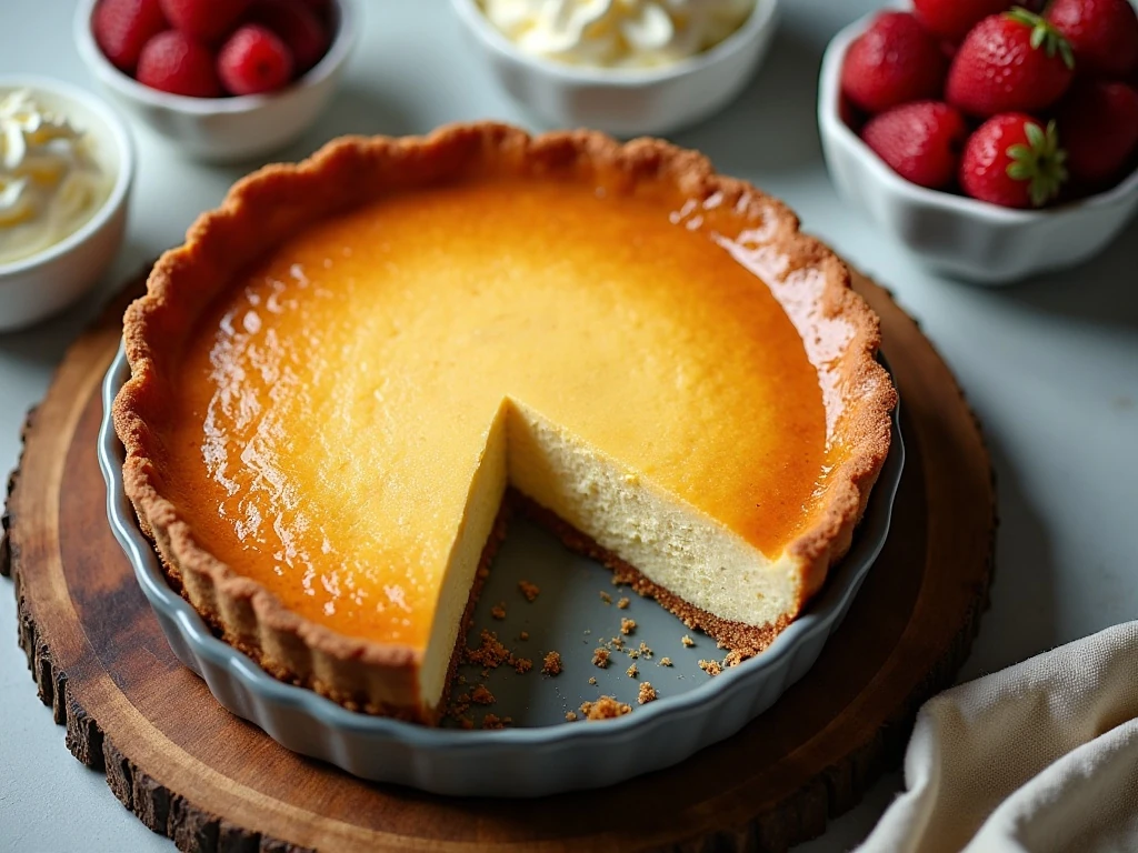 Whole crustless cheesecake in a pie dish with sliced servings and berries