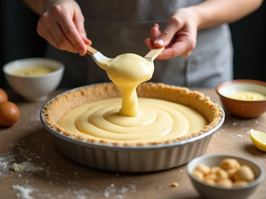 Smooth cheesecake batter being spread into a pie dish