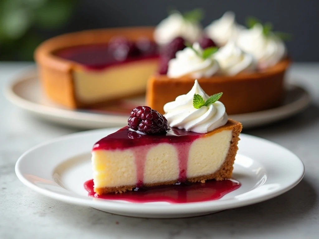 Chilled crustless cheesecake slice with fruit topping and whipped cream