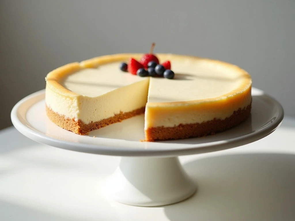Whole crustless keto cheesecake with one creamy slice ready to serve