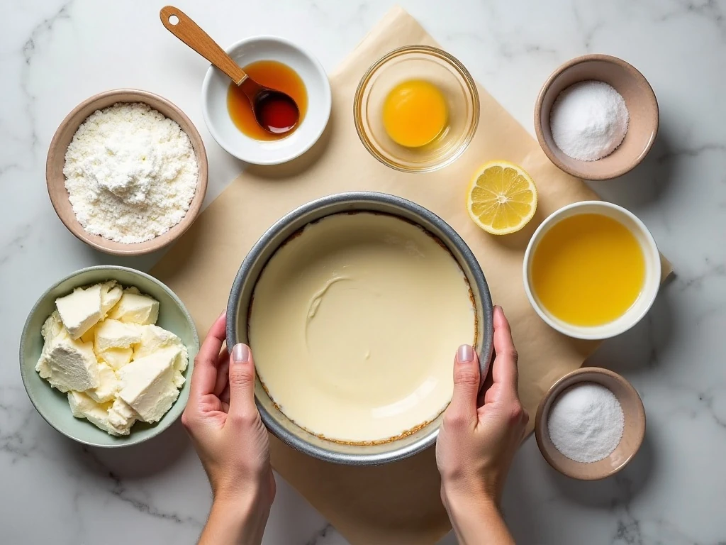 Ingredients for an easy crustless keto cheesecake arranged on a counter