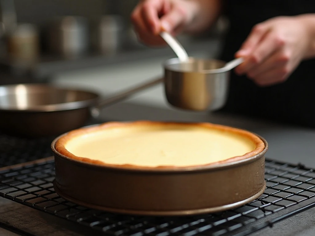Freshly baked crustless cheesecake cooling gradually for a smooth texture