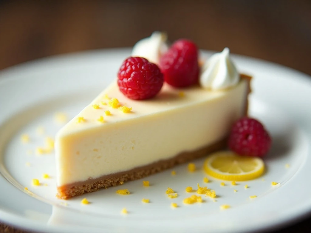 Crustless keto cheesecake slice with berries, whipped cream, and lemon zest