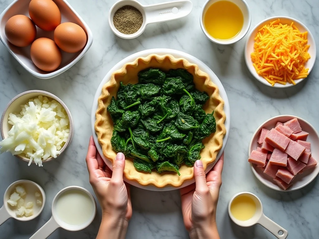 Ingredients for crustless spinach and ham quiche arranged around a pie dish