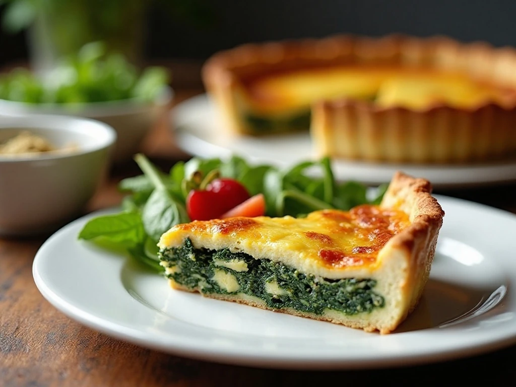 Crustless spinach and ham quiche served with salad and fruit