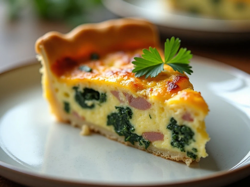 Close-up slice of creamy spinach and ham quiche