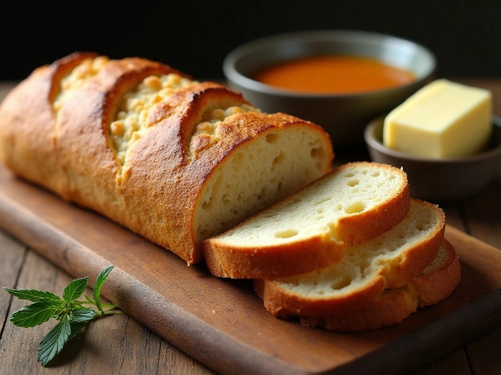 Fresh crusty French bread sliced on a wooden board