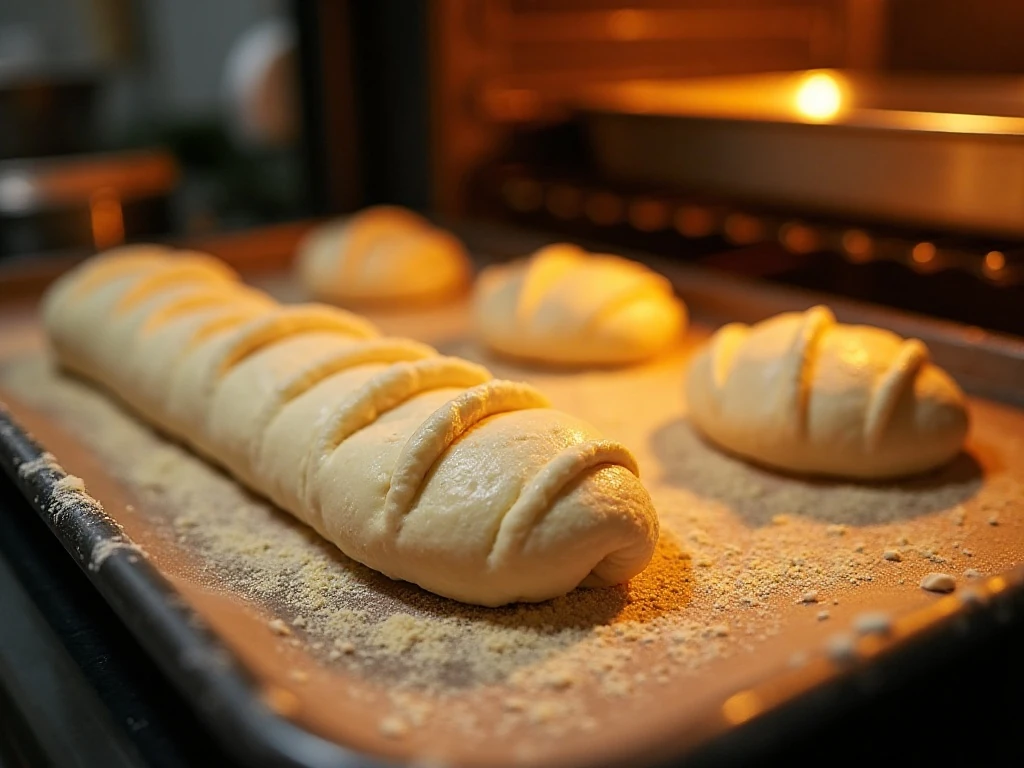 Scored French bread prepared for baking with steam