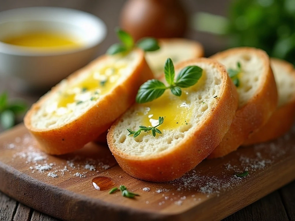 Crispy French bread slices served with butter and herbs