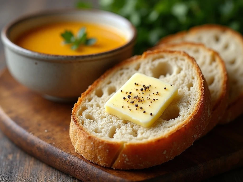 Slices of artisan bread served with butter and soup