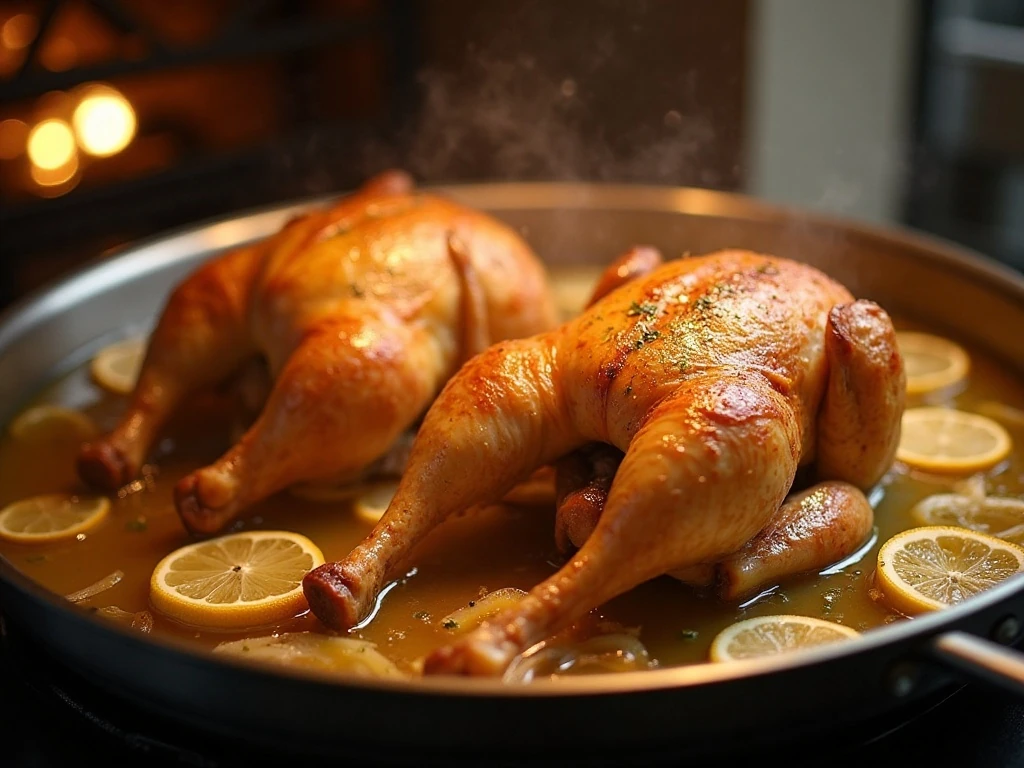 Golden Cornish hens roasting with onions and citrus pan juices
