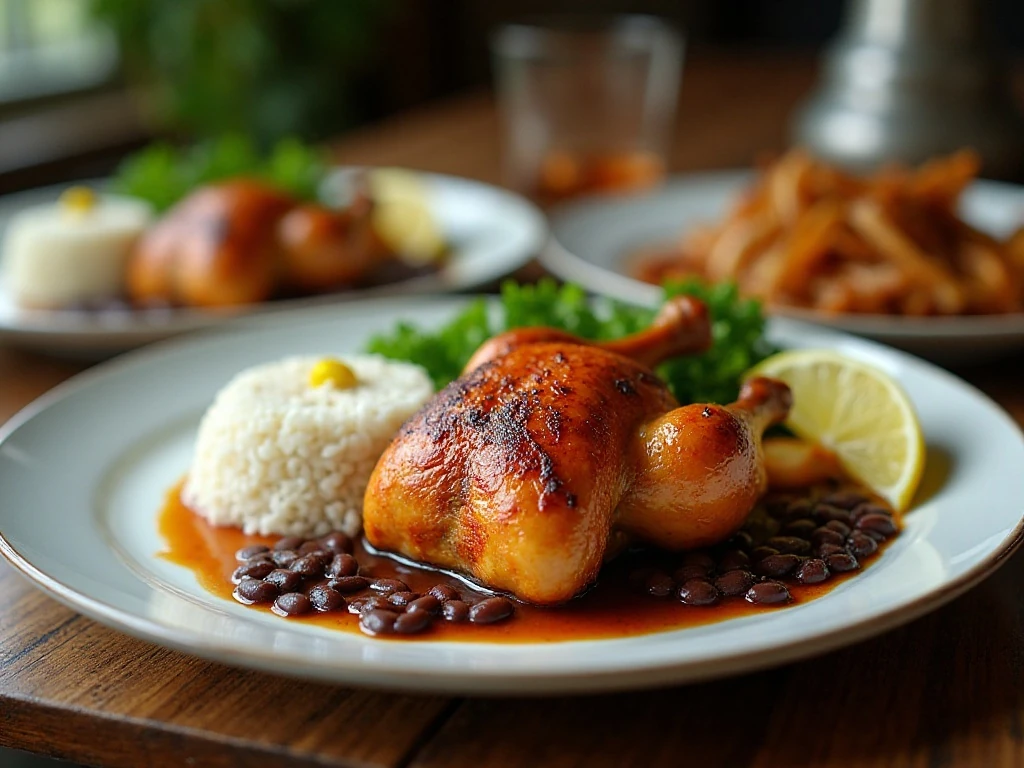 Plated Cuban roasted Cornish hens with rice, beans, onions, and citrus wedges