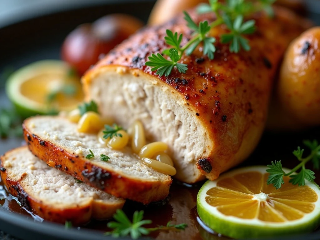 Close-up of juicy roasted Cornish hen with garlic-citrus pan juices