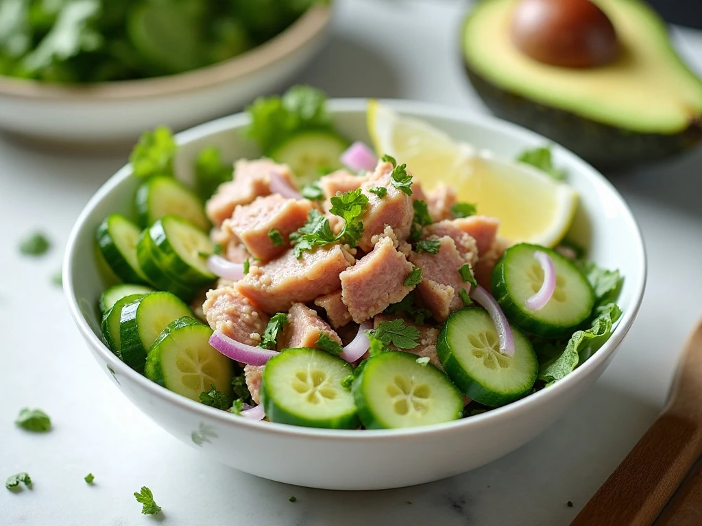 Fresh cucumber tuna avocado salad served as a light lunch