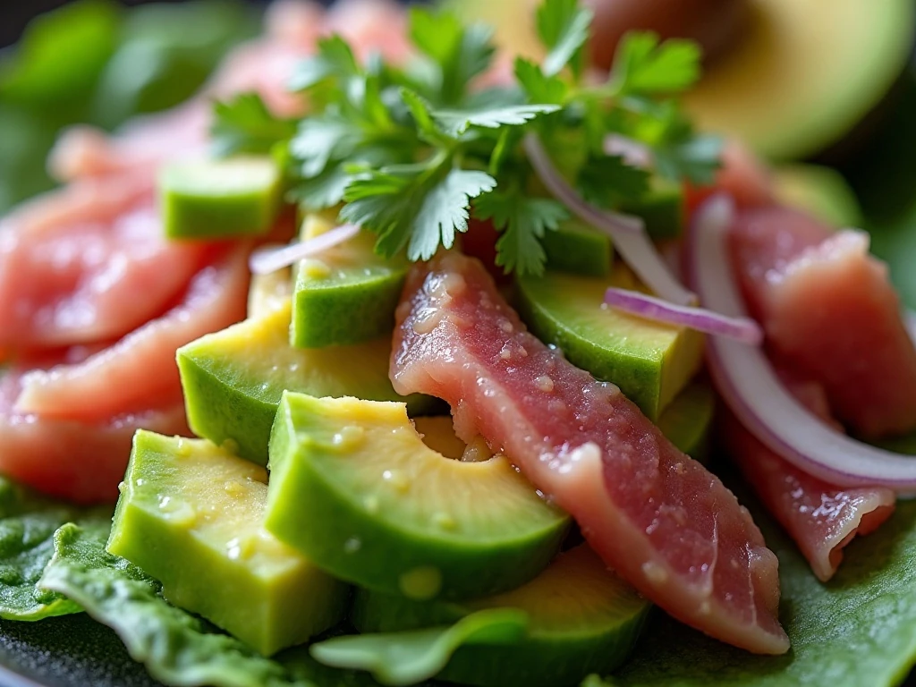 Chunky fresh texture of tuna avocado cucumber salad