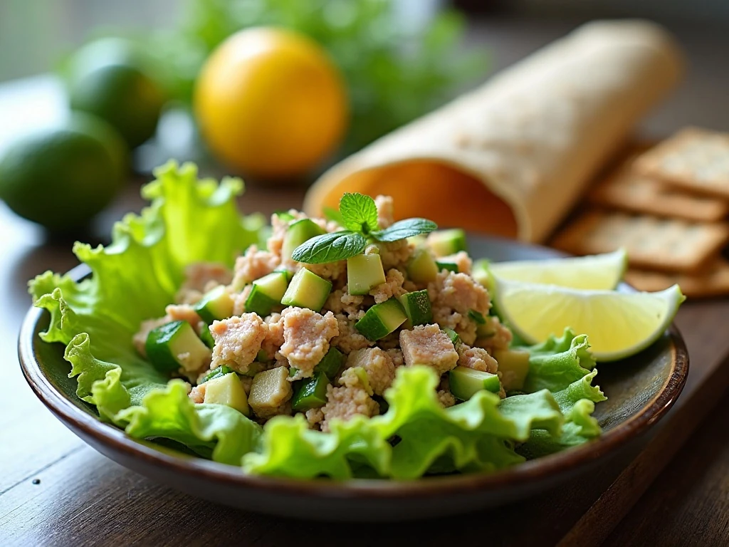 Ways to serve cucumber tuna avocado salad with lettuce crackers and wrap