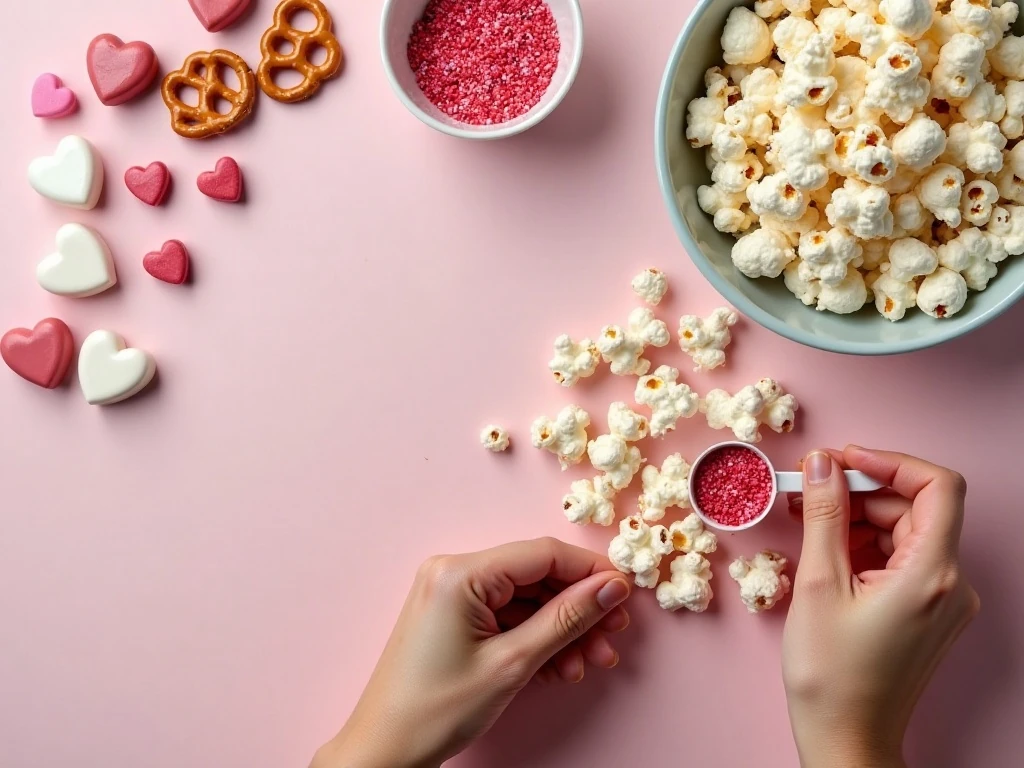 Cupid Crunch ingredients arranged for an easy Valentine’s snack mix