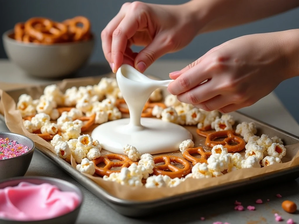 Drizzling melted candy over popcorn and pretzels for Cupid Crunch