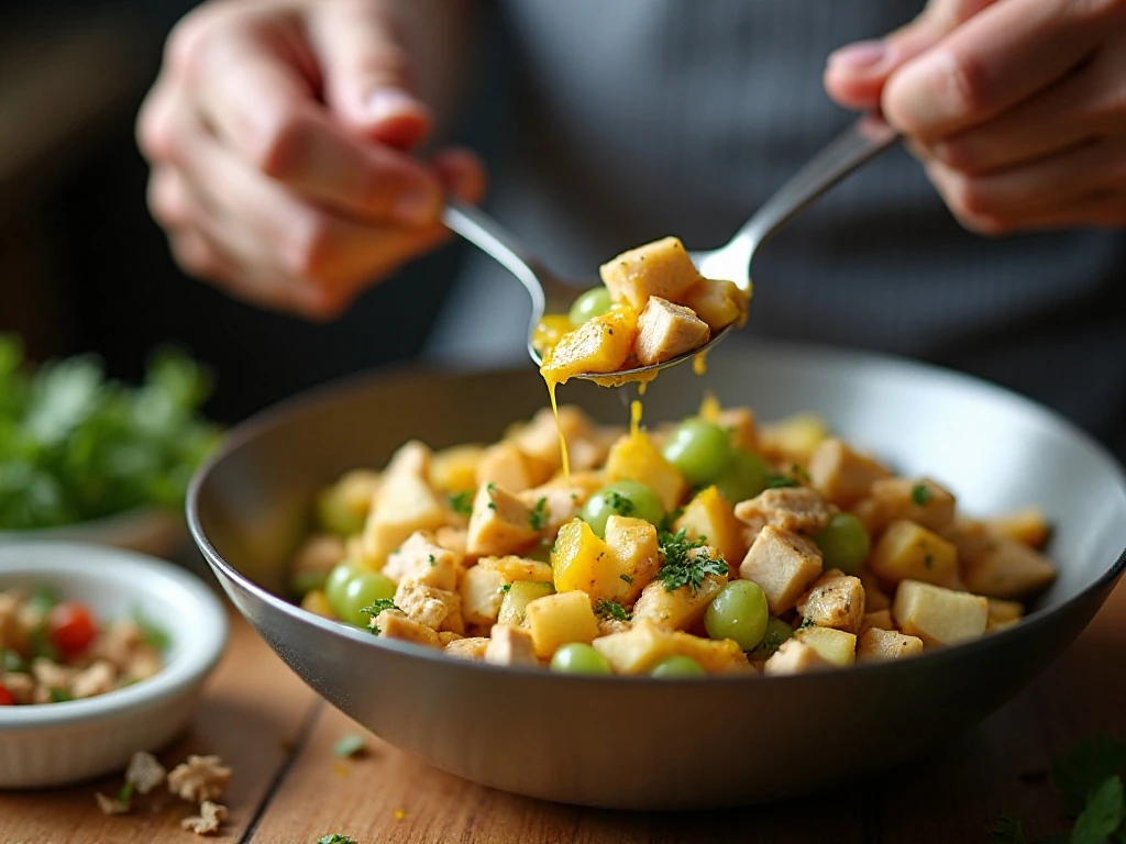 Mixing ingredients for curry chicken and apple salad