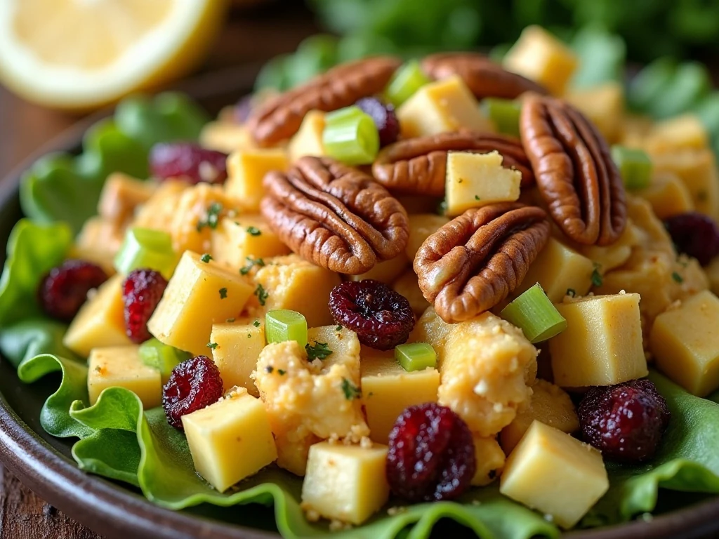 Toasted nuts and crisp apple garnish on curry chicken salad