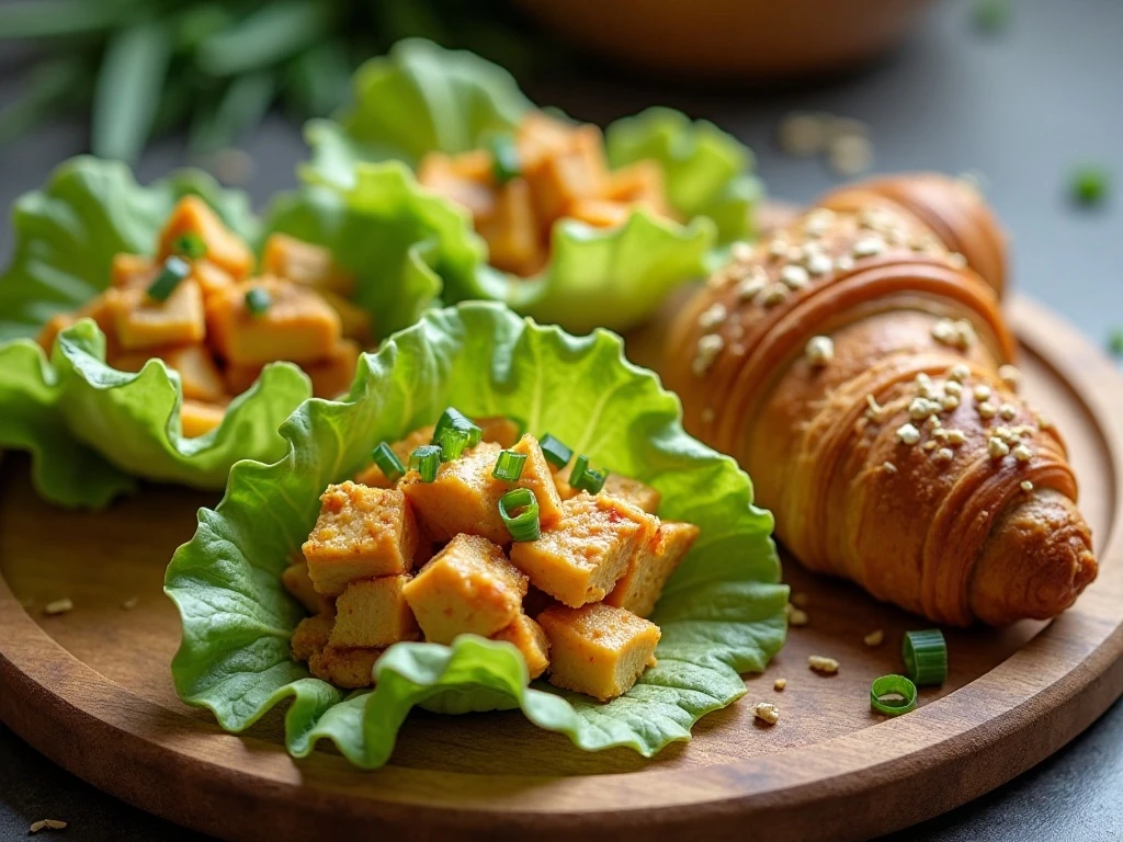 Curry chicken and apple salad served in lettuce cups and croissants