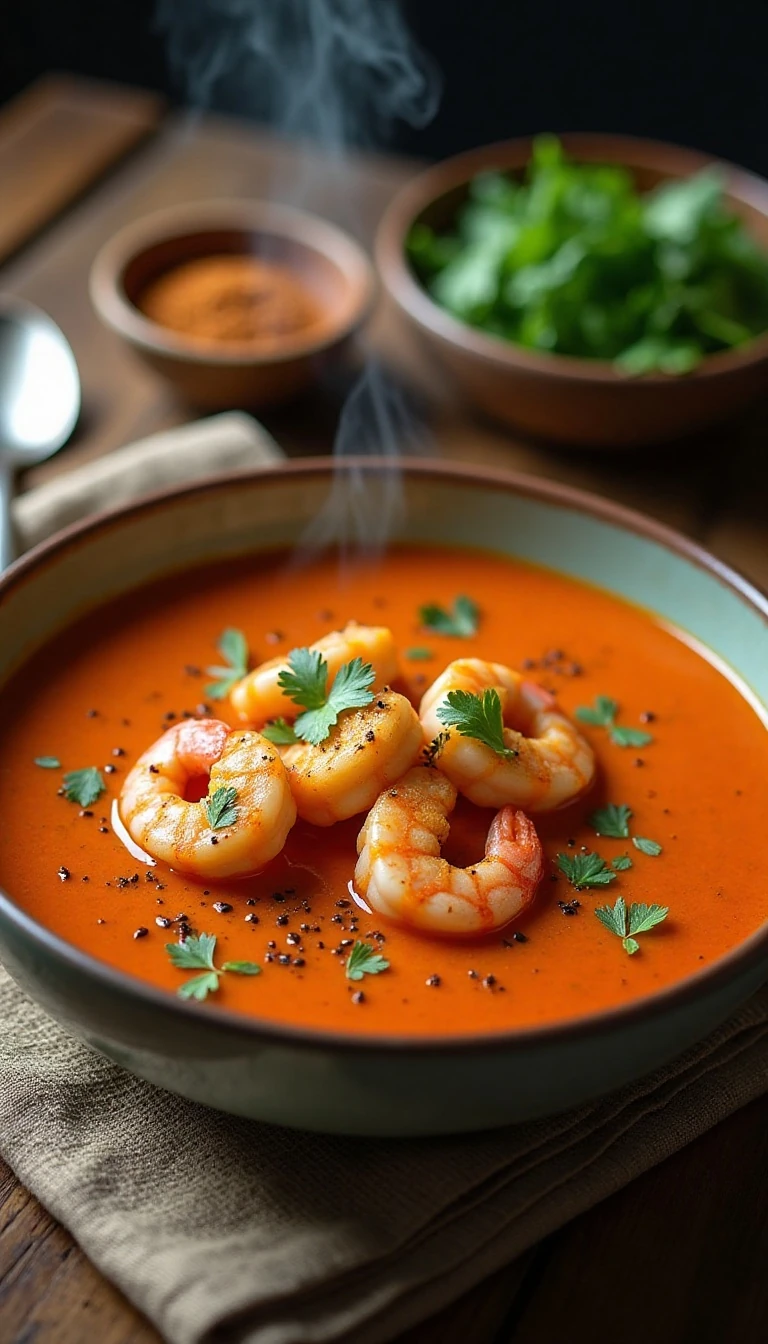 Curry Tomato Soup with Cumin-Roasted Shrimp