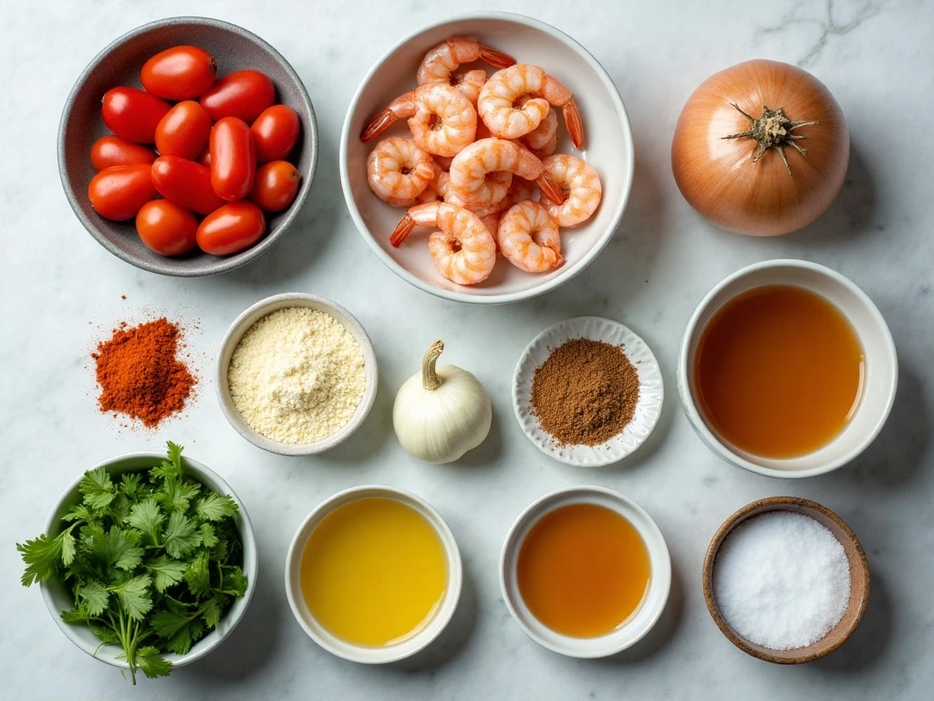 Ingredients for curry tomato soup with cumin-roasted shrimp