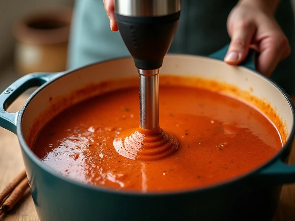 Blending smooth curry tomato soup in a Dutch oven