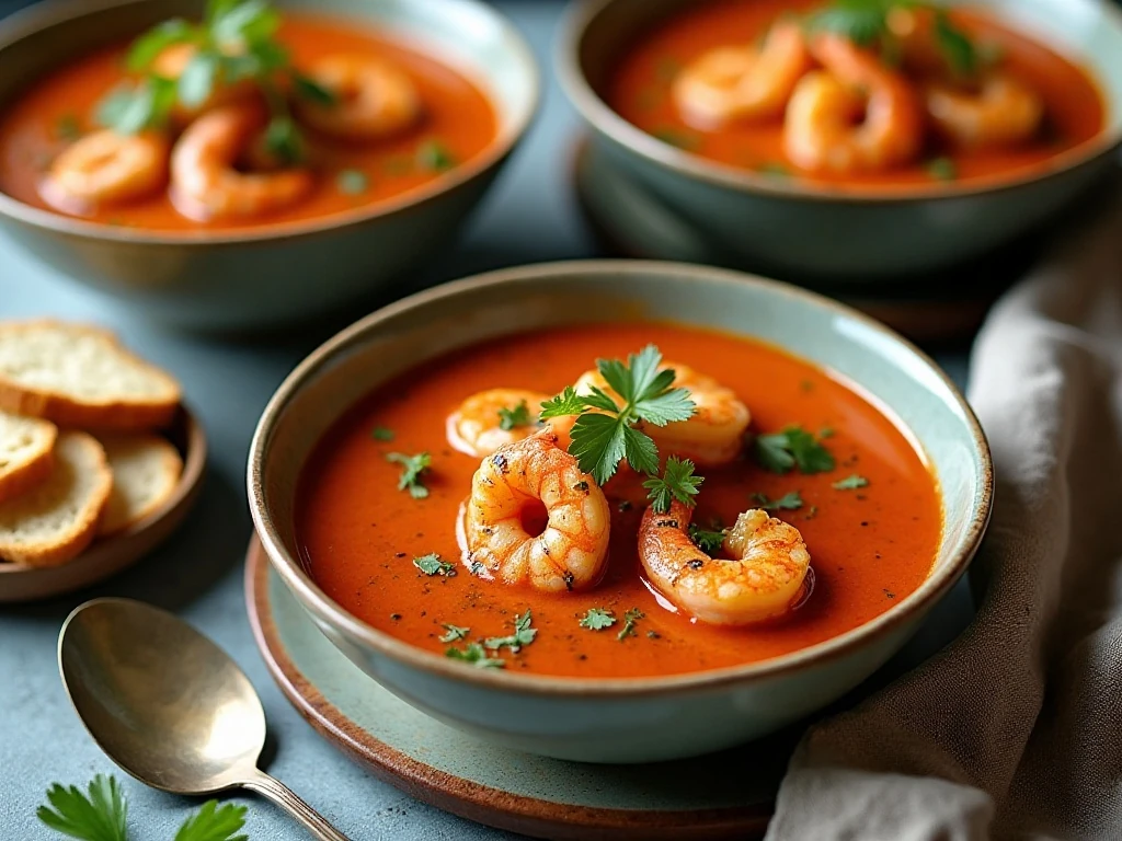 Curry tomato soup with cumin-roasted shrimp served with bread