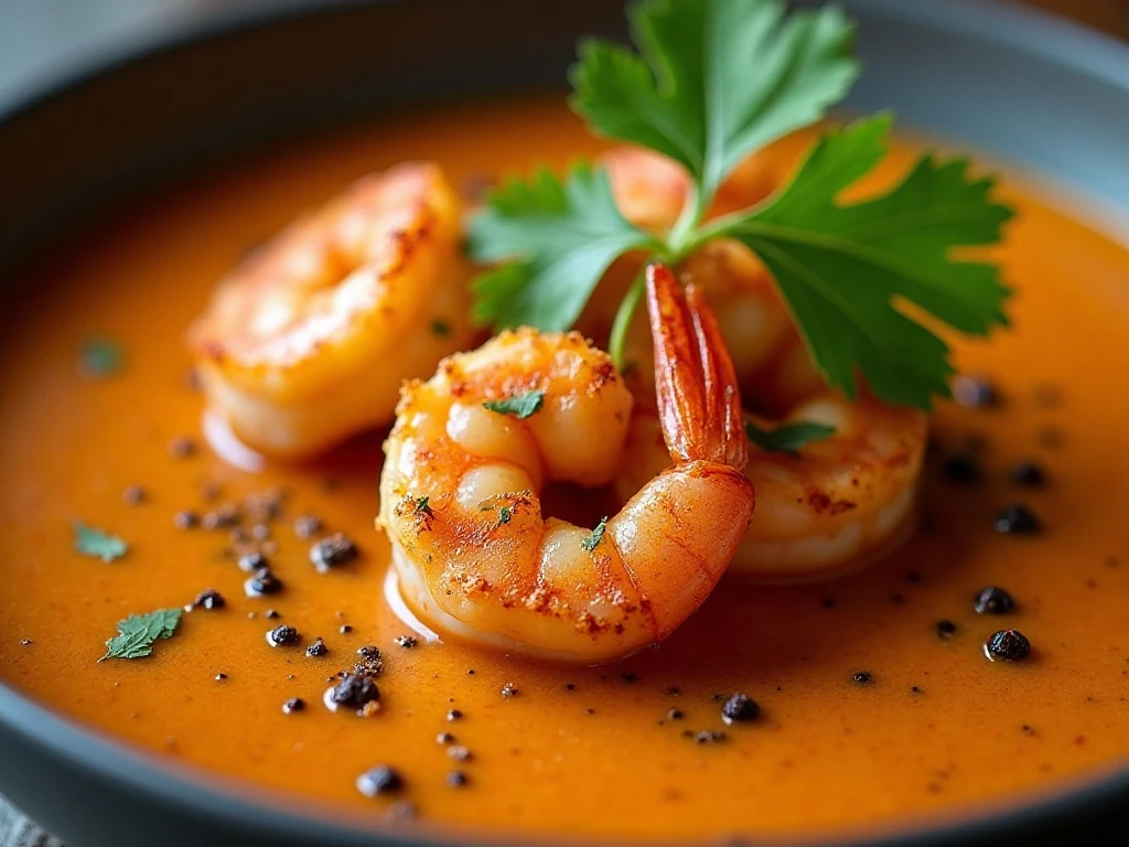 Close-up of cumin-roasted shrimp and cilantro on tomato soup